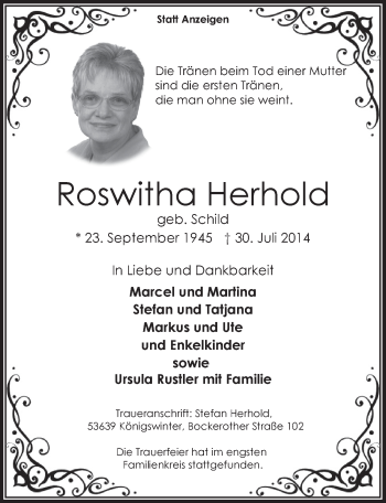 Traueranzeige Roswitha Herhold